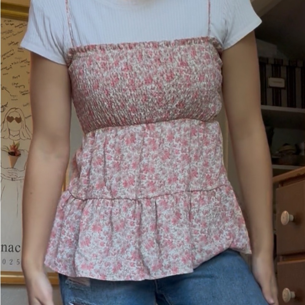 Paper Crane Red and White Smocked Peplum Camisole